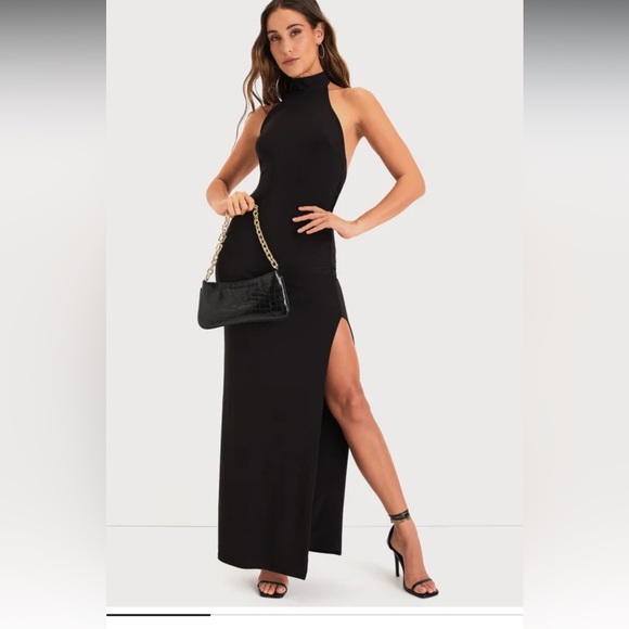 Lulus - flawless expression black mock neck halter maxi dress - Picture 1 of 4